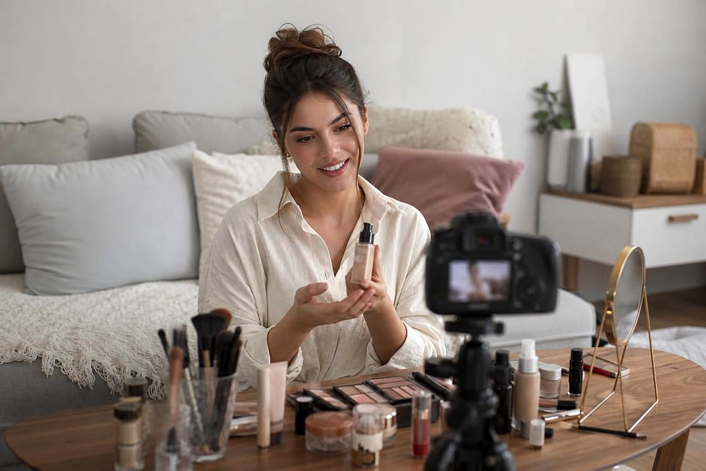 Smiling beauty creator filming a foundation review on a professional camera with makeup products and brushes spread across a wooden table.