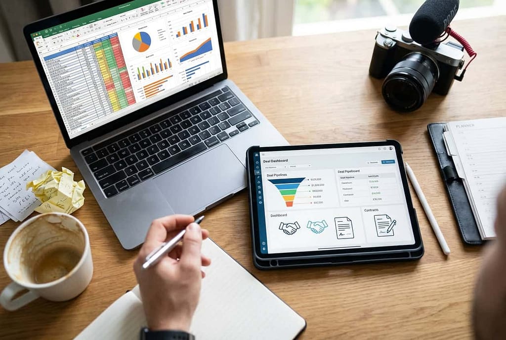 Analyzing business data on laptop and tablet for insights and decision-making.
