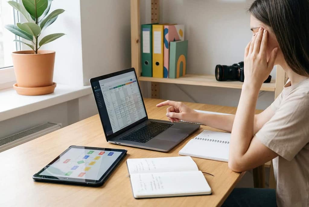 Woman working on laptop with tablet and notes at home office.